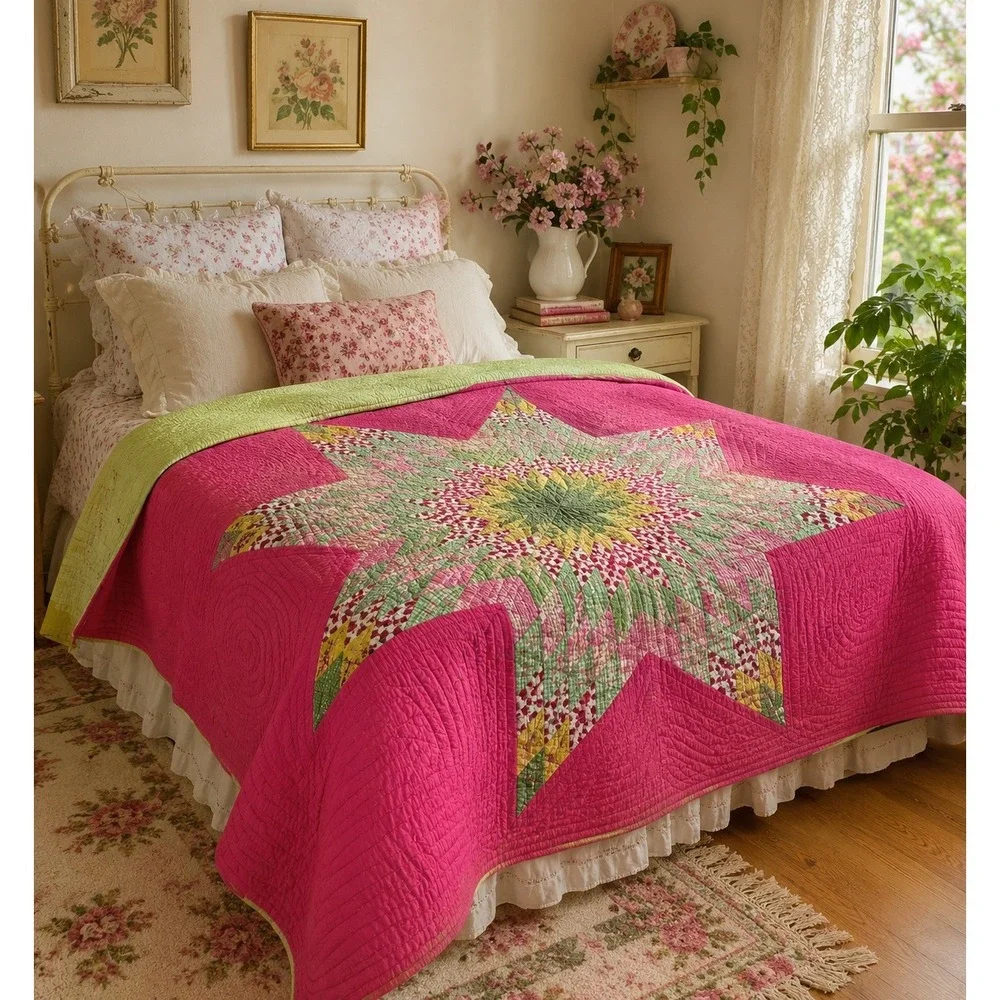 Handmade Vintage Hand Stitched Star Quilt Full Queen Topper 80x86